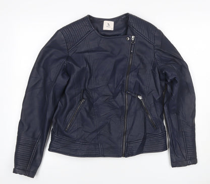 TU Women Blue Size 12 Faux Leather Biker Jacket Zip Pockets