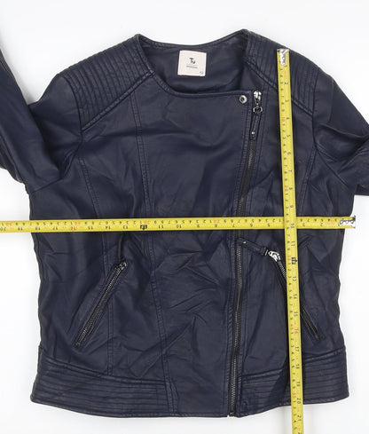 TU Women Blue Size 12 Faux Leather Biker Jacket Zip Pockets