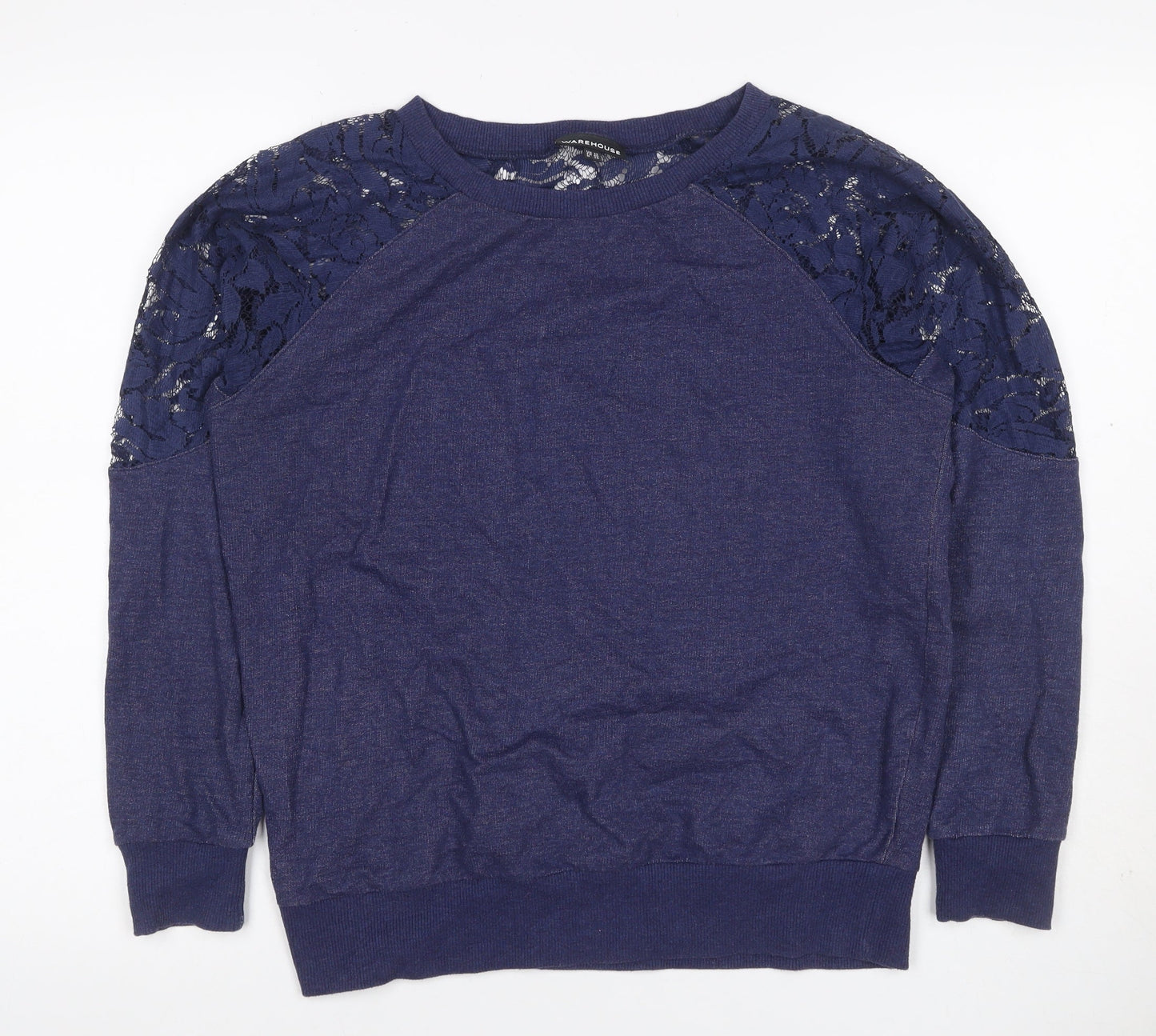 Warehouse Women Blue UK 12 Jersey Top Floral Lace Raglan Long Sleeve