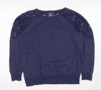 Warehouse Women Blue UK 12 Jersey Top Floral Lace Raglan Long Sleeve