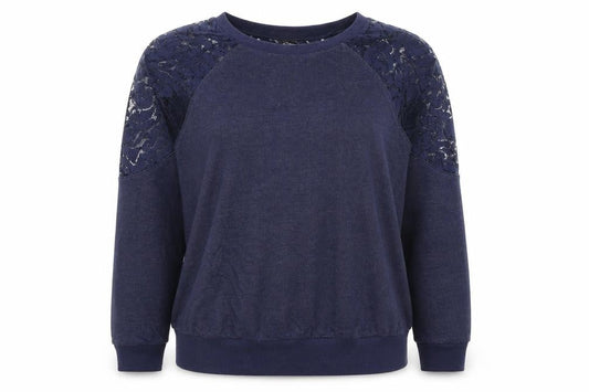 Warehouse Women Blue UK 12 Jersey Top Floral Lace Raglan Long Sleeve