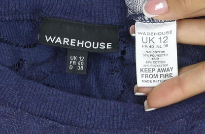 Warehouse Women Blue UK 12 Jersey Top Floral Lace Raglan Long Sleeve