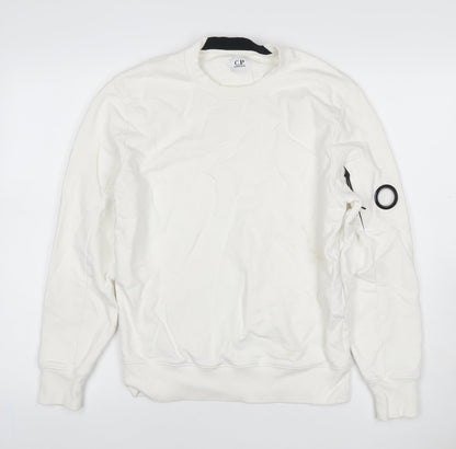 C.P. Company Men’s White S Crew Neck Sweatshirt Lens Pocket Pullover