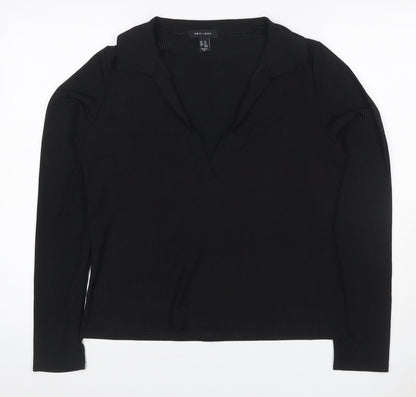 New Look Women Black UK 16 Ribbed Wrap Collared Long Sleeve Blouse