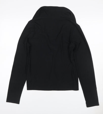 New Look Women Black UK 16 Ribbed Wrap Collared Long Sleeve Blouse