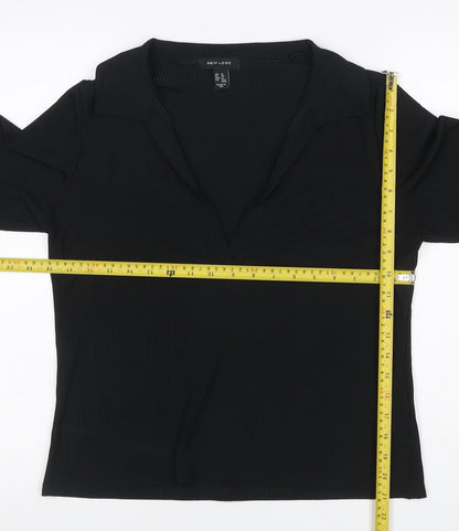 New Look Women Black UK 16 Ribbed Wrap Collared Long Sleeve Blouse