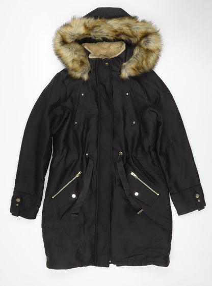 Next Women’s Black UK 8 Faux Fur Hood Belted Long Parka Coat