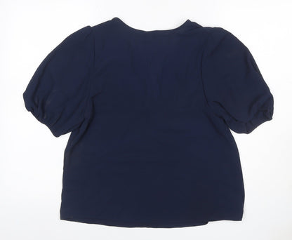 Marks and Spencer Women Blue Size 10 V-Neck Puff Sleeve Blouse