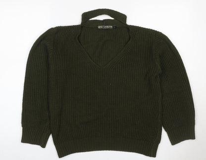 QED London Women’s Green L Chunky Knit V-Neck Choker Jumper