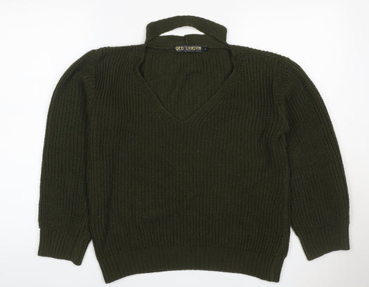 QED London Women’s Green L Chunky Knit V-Neck Choker Jumper