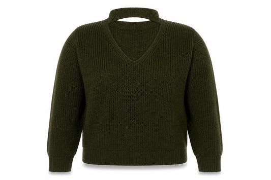 QED London Women’s Green L Chunky Knit V-Neck Choker Jumper