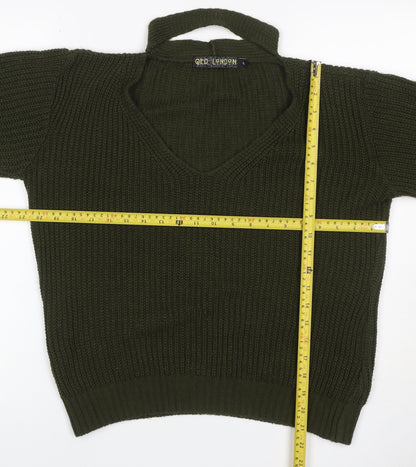 QED London Women’s Green L Chunky Knit V-Neck Choker Jumper