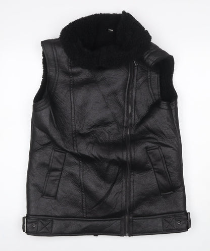 M&S Women’s Black Size 10 Faux Leather Biker Shearling Waistcoat
