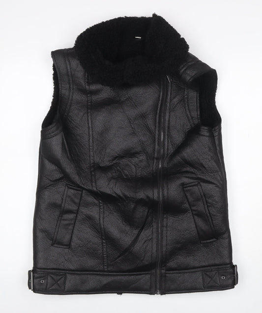 M&S Women’s Black Size 10 Faux Leather Biker Shearling Waistcoat
