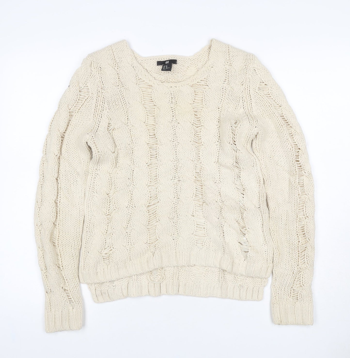 H&M Women Ivory XS Cable Knit Chunky Pullover Jumper Cotton Blend