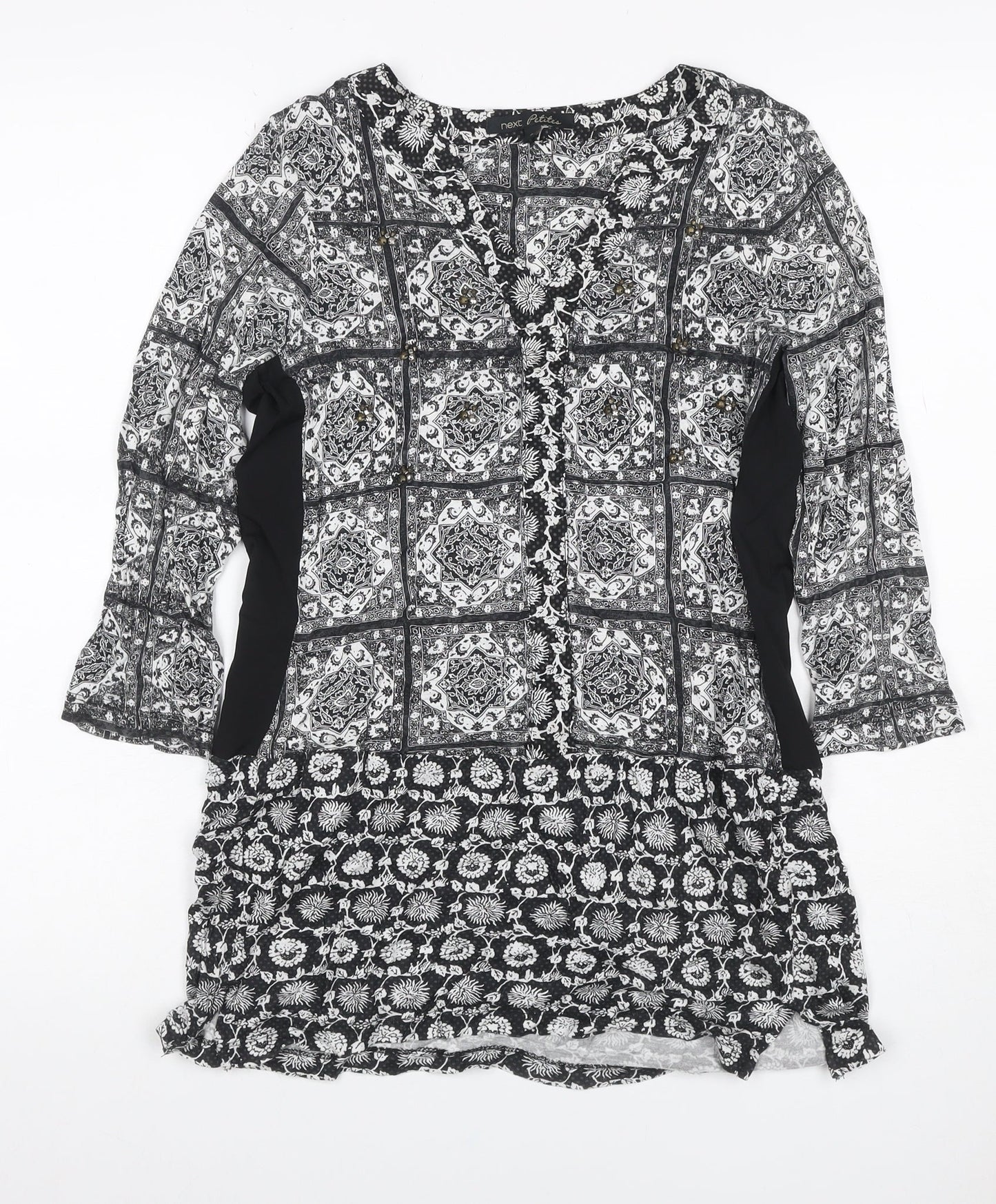 Next Petite Women’s Black White UK 6 Shift Mini Floral Button Dress