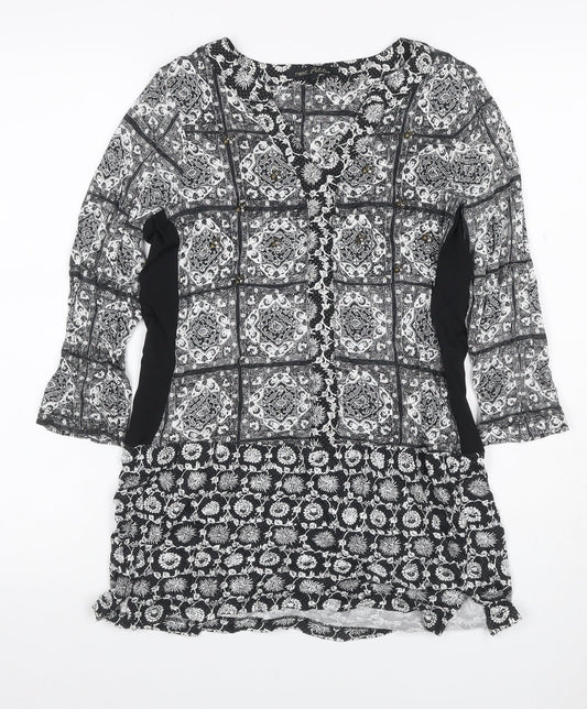 Next Petite Women’s Black White UK 6 Shift Mini Floral Button Dress