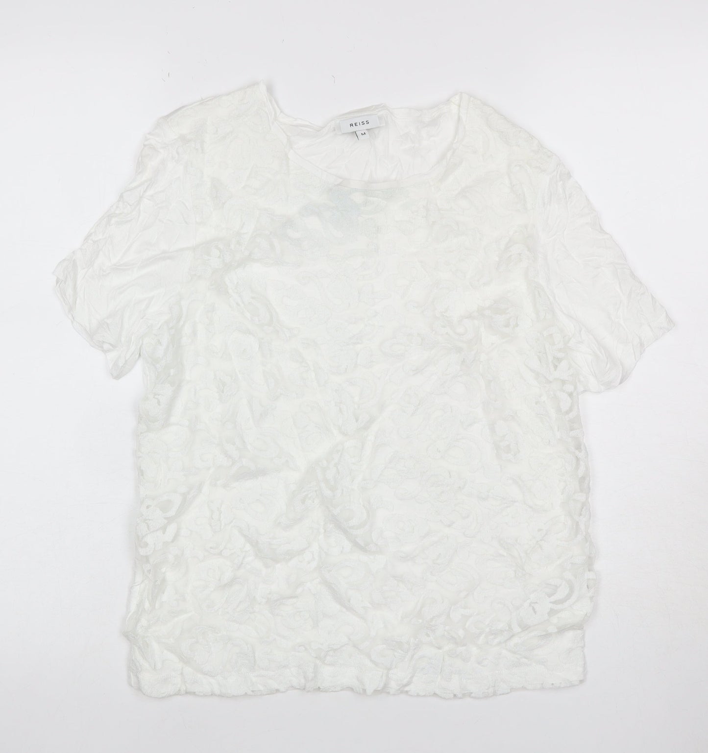 Reiss Women White M Floral Lace Puff Sleeve Short Sleeve T-Shirt