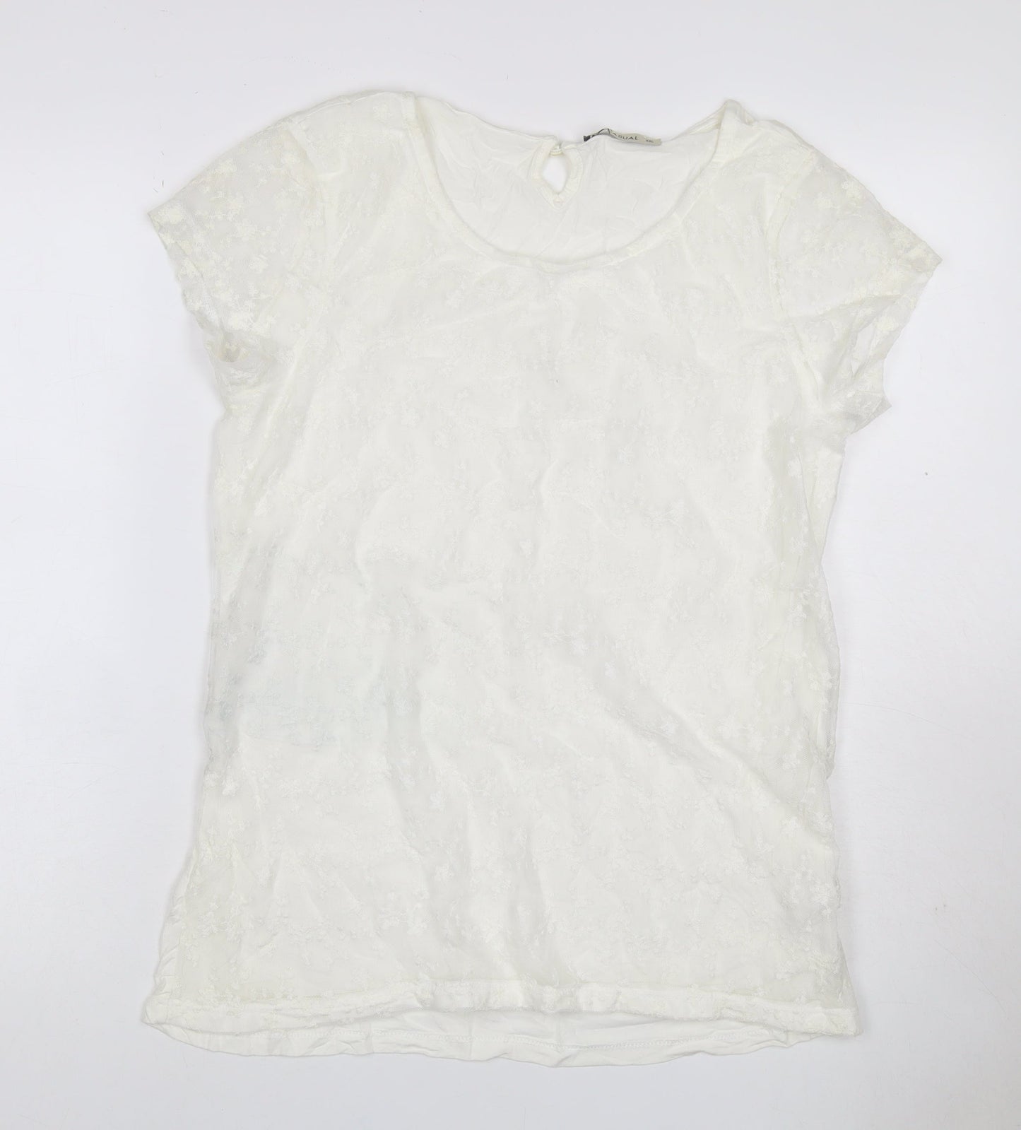 LCW Casual Women Ivory 2XL Floral Lace Keyhole Cap Sleeve Blouse