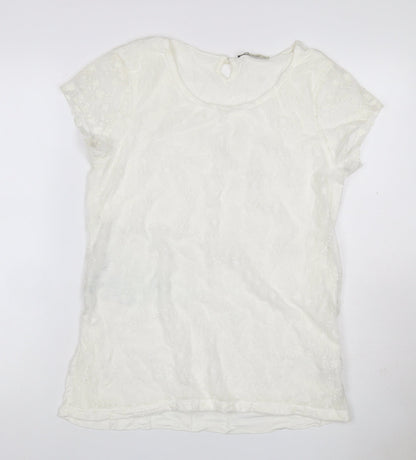 LCW Casual Women Ivory 2XL Floral Lace Keyhole Cap Sleeve Blouse