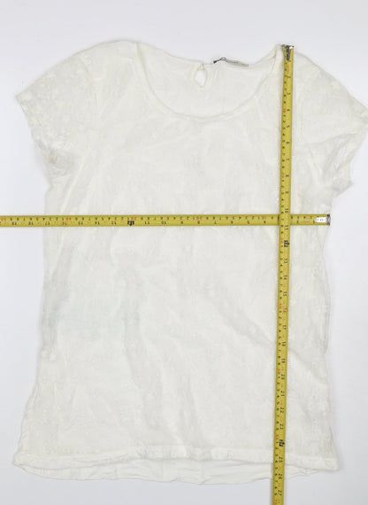 LCW Casual Women Ivory 2XL Floral Lace Keyhole Cap Sleeve Blouse