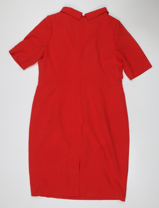 Bruce Oldfield Women Red UK 16 Sheath Knee Dress Collared Long Sleeve