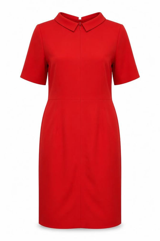 Bruce Oldfield Women Red UK 16 Sheath Knee Dress Collared Long Sleeve