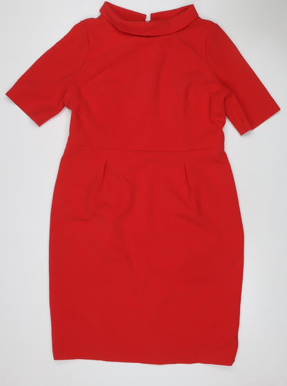 Bruce Oldfield Women Red UK 16 Sheath Knee Dress Collared Long Sleeve