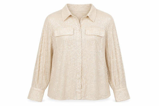 Marks & Spencer Women Beige UK 12 Sequin Collared Button-Up Shirt