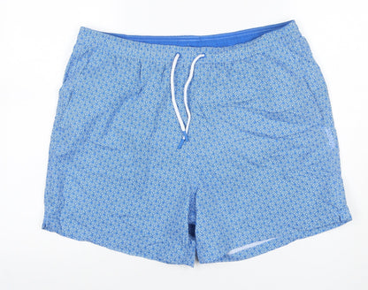 M&S Men Blue Geometric Print Swim Shorts Size 38 Lined Drawstring