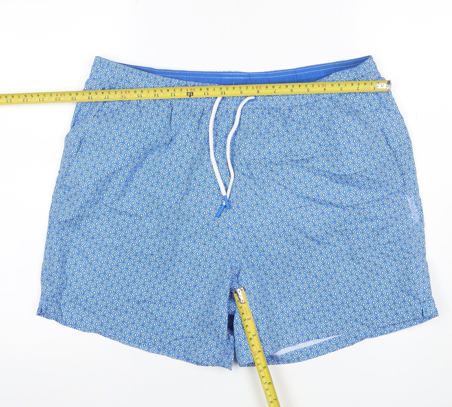 M&S Men Blue Geometric Print Swim Shorts Size 38 Lined Drawstring