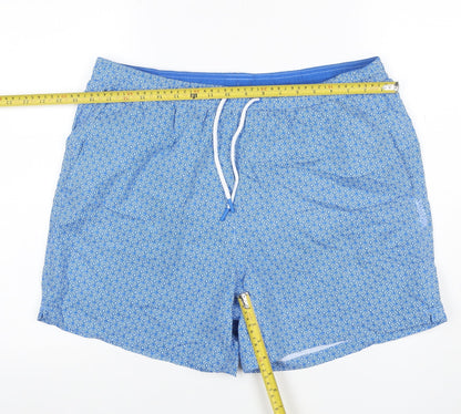 M&S Men Blue Geometric Print Swim Shorts Size 38 Lined Drawstring