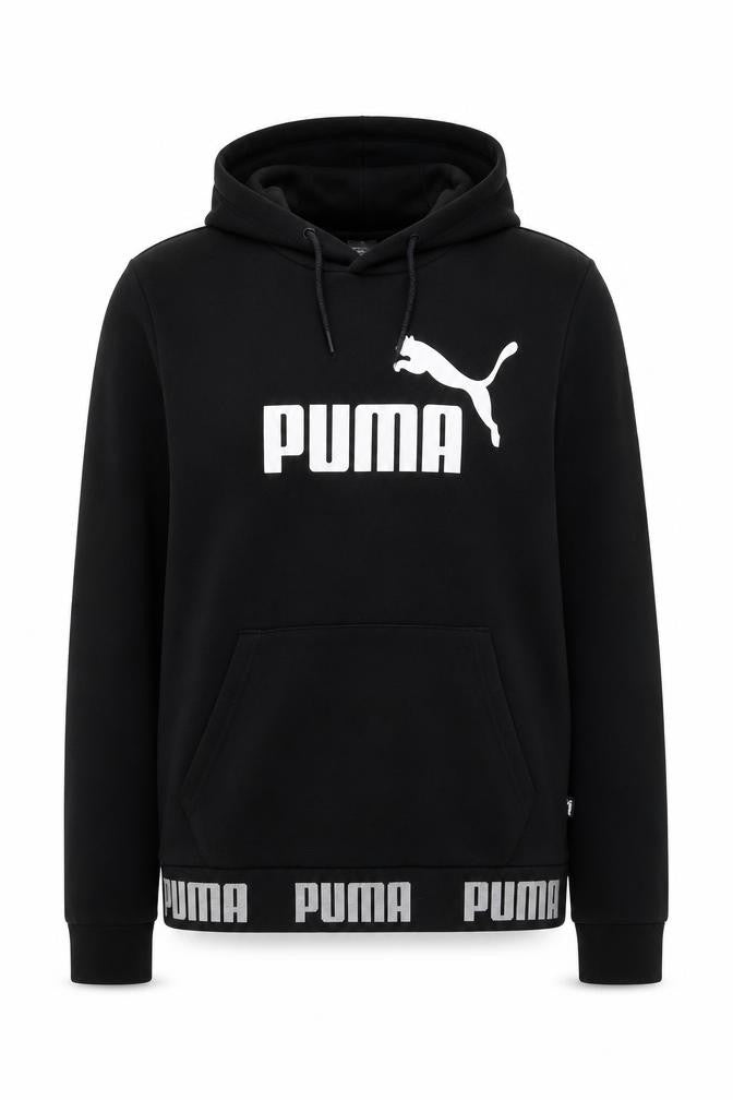 Front view of Puma women’s black m pullover hoodie logo graphic pocket sweatshirt