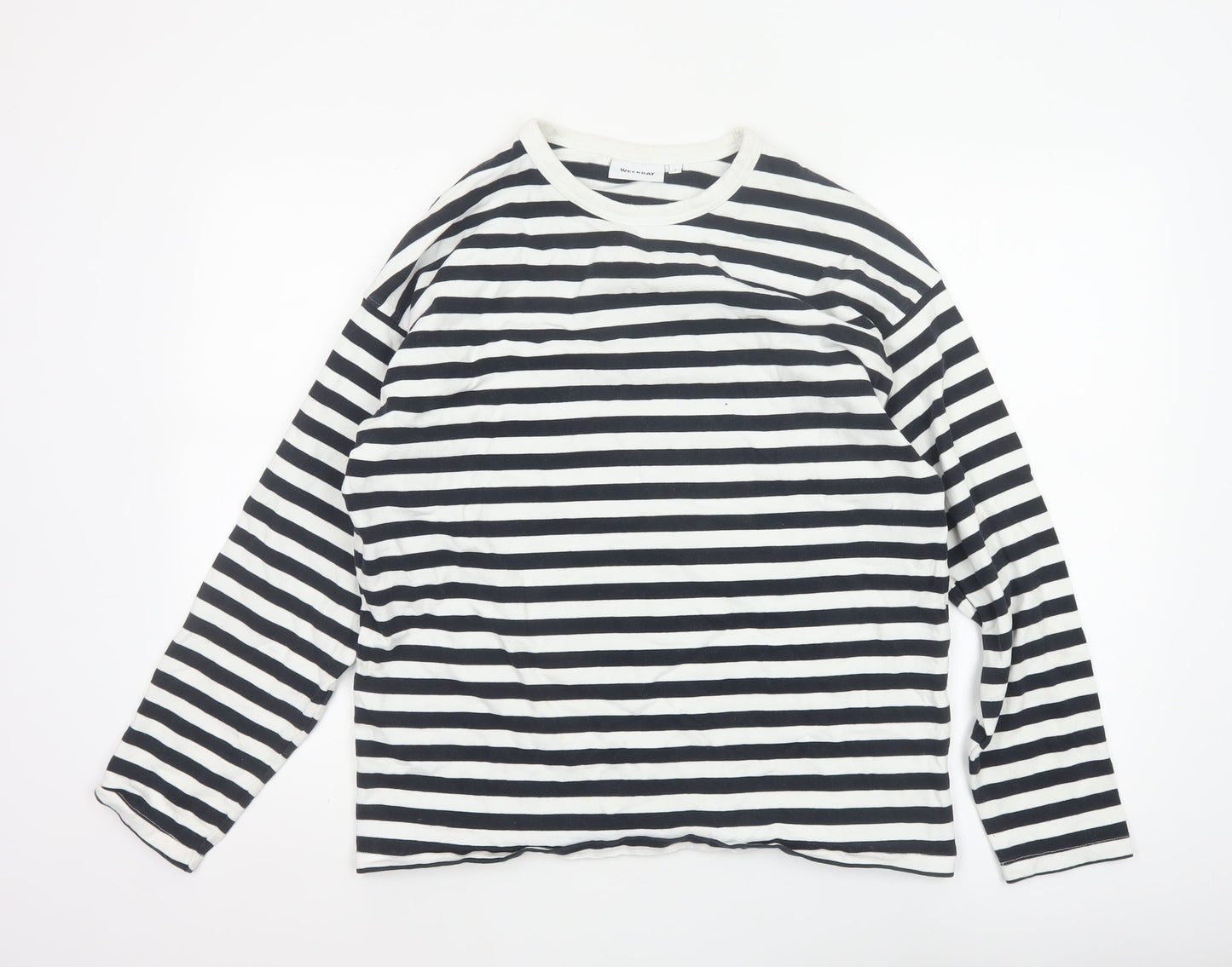 Weekday Women Black White Striped Cotton Long Sleeve Basic T-Shirt M