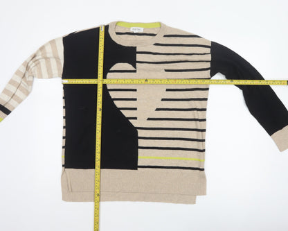 White Stuff Women Beige Black Stripe Knit Jumper UK 12 Cotton Merino