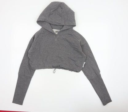 Gymshark Women Grey M Cropped Pullover Hoodie Drawstring Raglan Gym