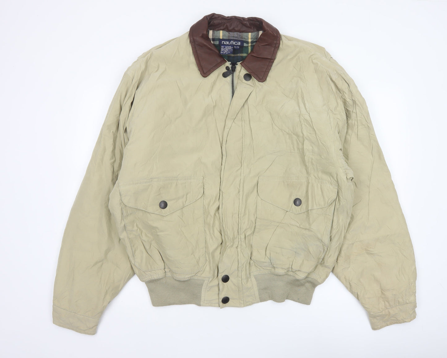Nautica Men’s Beige XL Bomber Jacket Leather Collar Zip Pockets