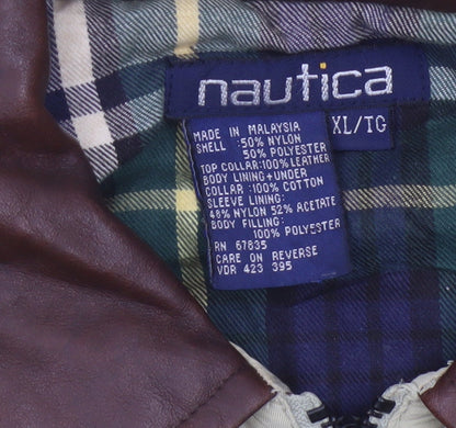 Nautica Men’s Beige XL Bomber Jacket Leather Collar Zip Pockets