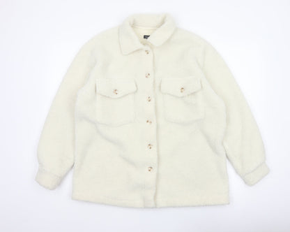 Boohoo Women's Ivory Teddy Fleece Button Jacket UK 12 Collared Pockets