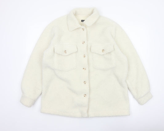 Boohoo Women's Ivory Teddy Fleece Button Jacket UK 12 Collared Pockets