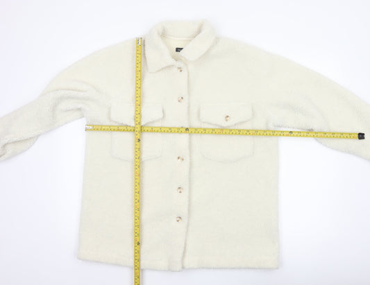 Boohoo Women's Ivory Teddy Fleece Button Jacket UK 12 Collared Pockets