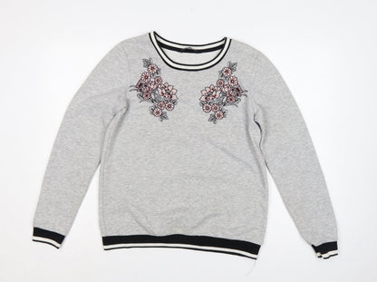 Dorothy Perkins Women Grey Floral Embroidered Pullover Sweatshirt UK 10