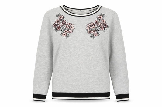Front view of Dorothy Perkins Women Grey Floral Embroidered Pullover Sweatshirt UK 10