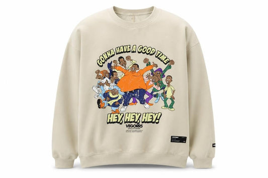 Front view of VEGORRS Men’s Beige XL Graphic Print Cartoon Hip Hop Crew Sweatshirt