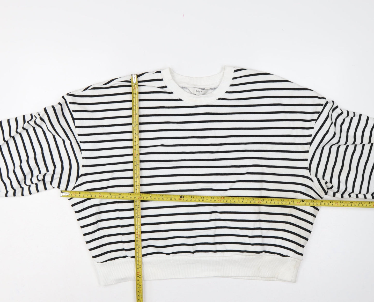 Marks & Spencer Women White Black L Striped Pullover Sweatshirt Pockets