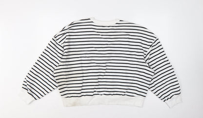 Marks & Spencer Women White Black L Striped Pullover Sweatshirt Pockets