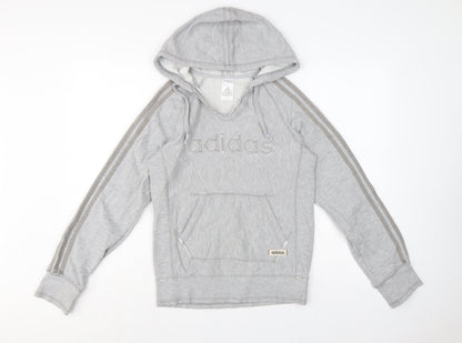Adidas Women Grey UK 8 Pullover Hoodie Embroidered Logo 3 Stripe Cotton