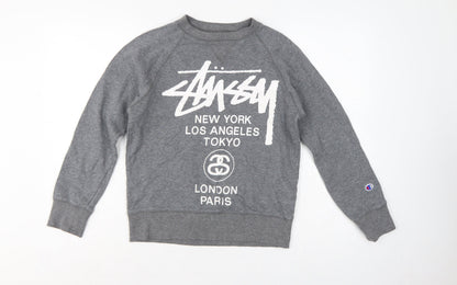 Stussy x Champion Unisex Grey S Pullover Logo Sweatshirt