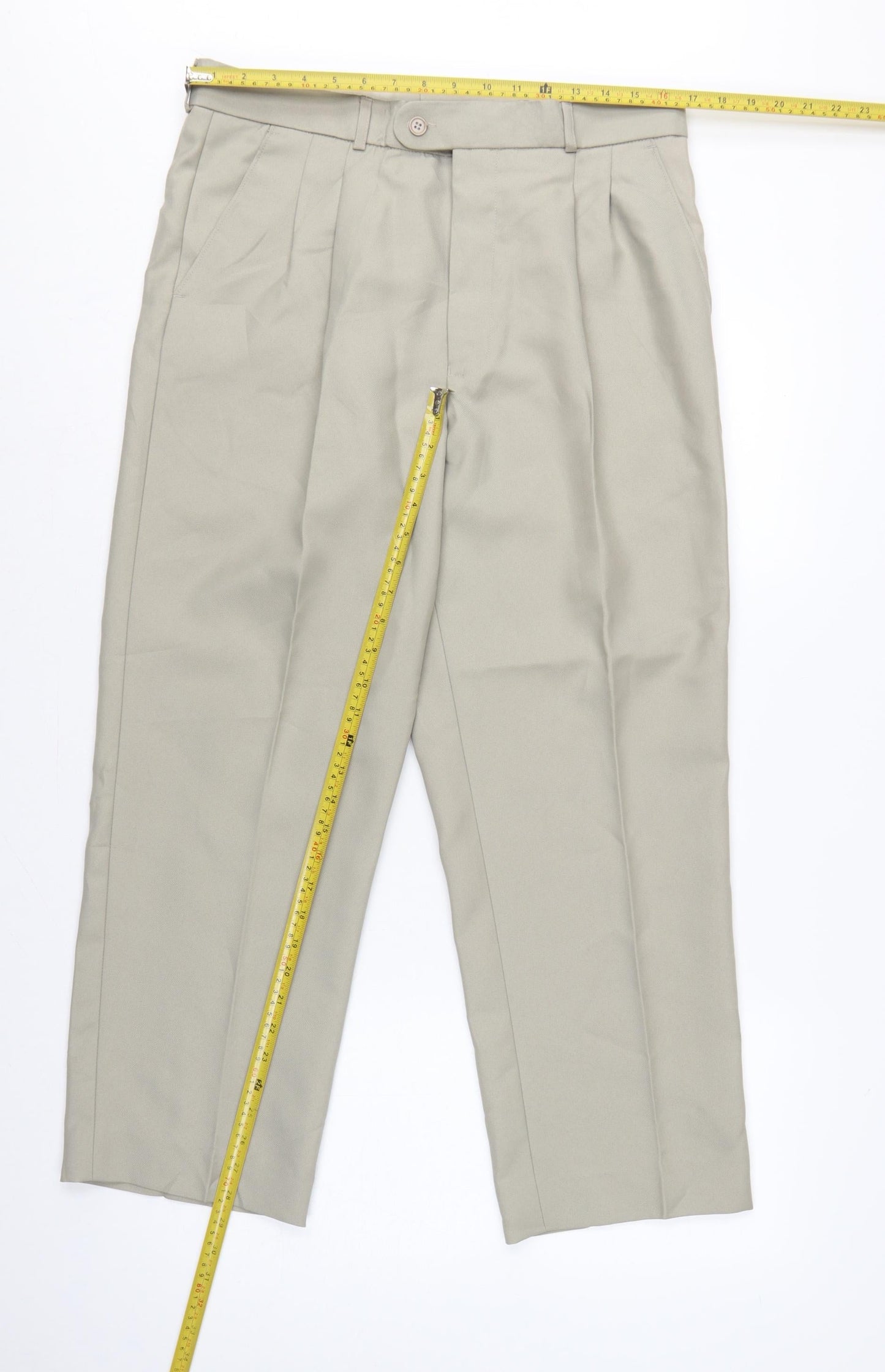 Premier Man Men's Beige 34S Pleated Tapered Dress Trousers
