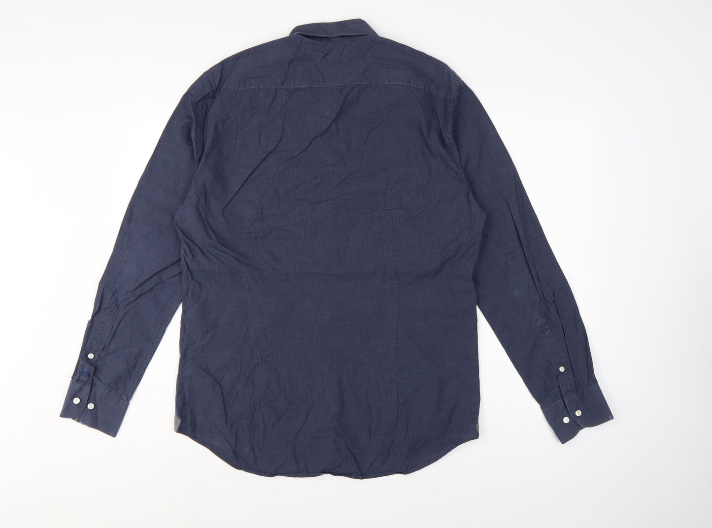 Tommy Hilfiger Men Blue 16.5 Slim Fit Linen Button Down Shirt